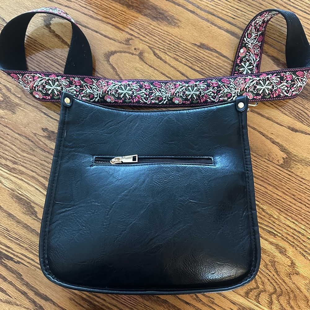 Black Crossbody Bag with Embroidered Strap